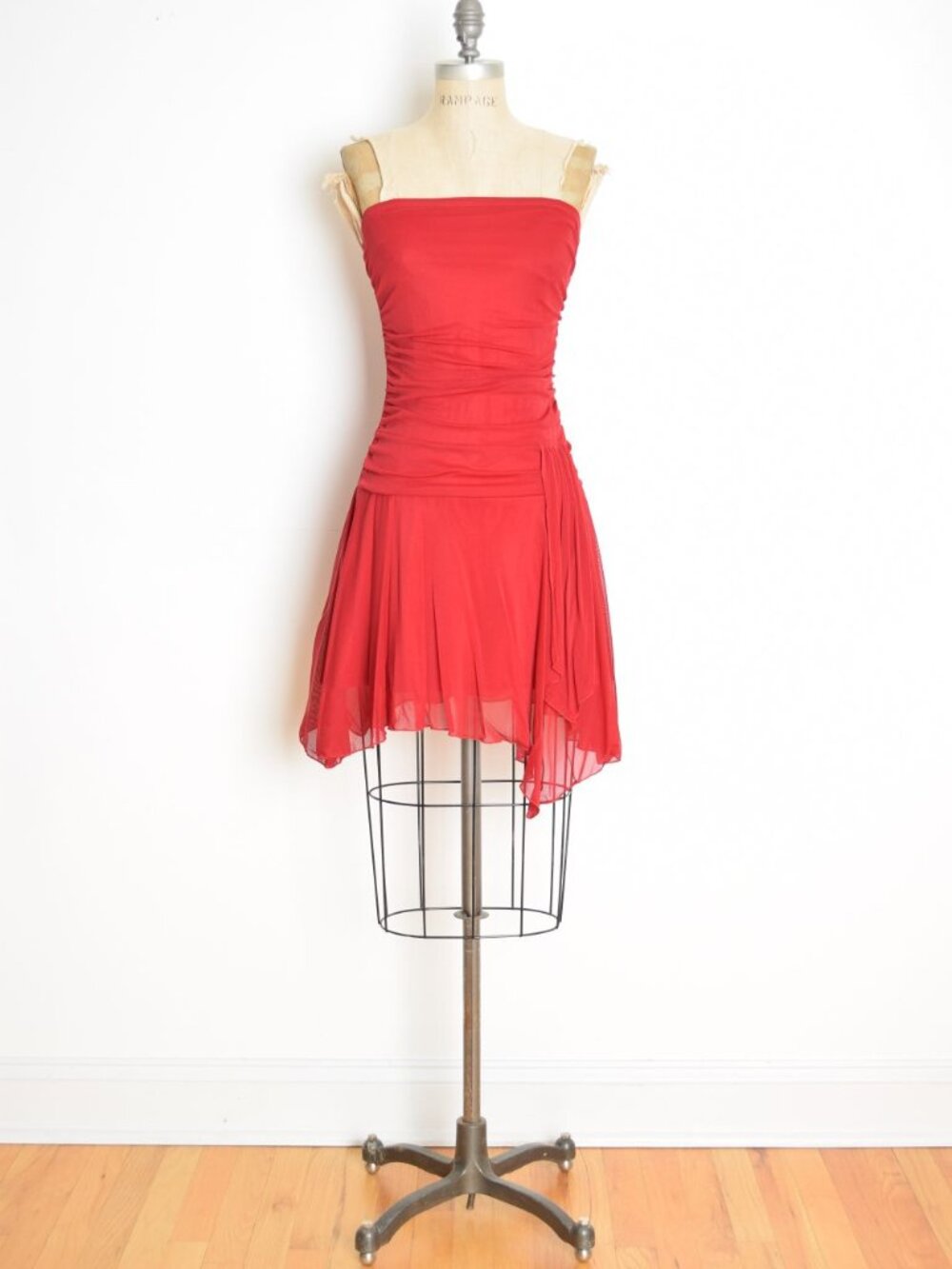 vintage Y2K party dress red mesh fairy strapless asymmetrical club Hot Kiss XS